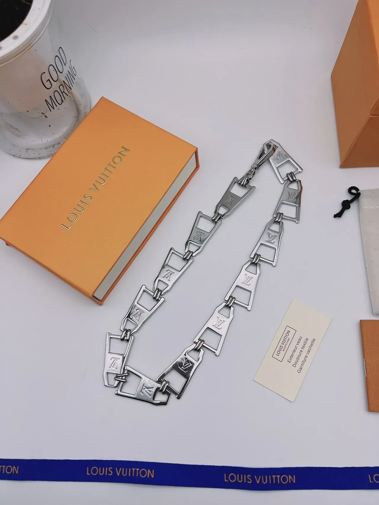 Louis Vuitton Chain Silver Green Metallic Monogram-Engraved Necklace 8