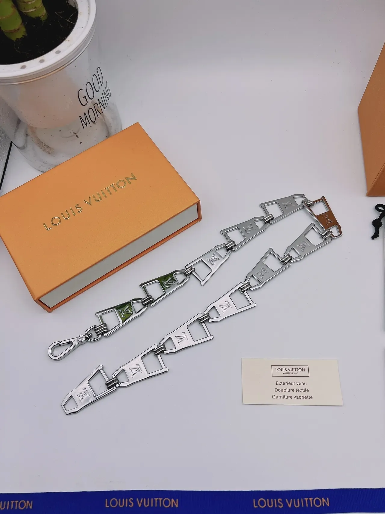 Louis Vuitton Chain Silver Green Metallic Monogram-Engraved Necklace 9