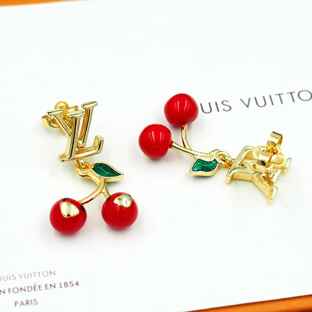 Louis Vuitton Cherry Red Green Gold-Tone Monogram Enamel Cherries Earrings 3