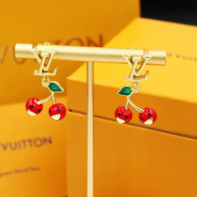 Louis Vuitton Cherry Red Green Gold-Tone Monogram Enamel Cherries Earrings 5