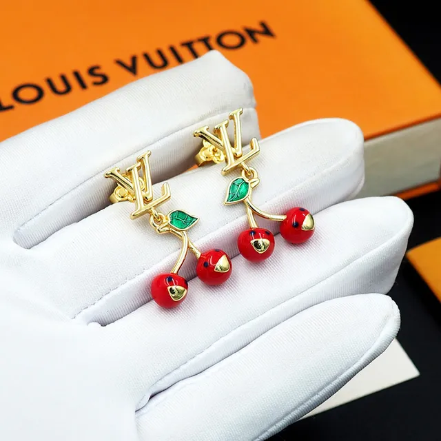 Louis Vuitton Cherry Red Green Gold-Tone Monogram Enamel Cherries Earrings 6