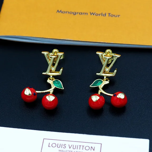 Louis Vuitton Cherry Red Green Gold-Tone Monogram Enamel Cherries Earrings 9