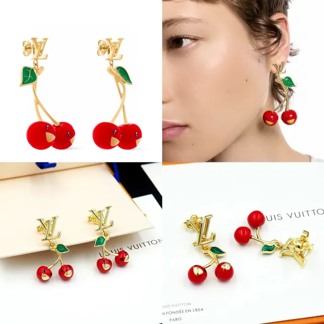 Louis Vuitton Cherry Red Green Gold-Tone Monogram Enamel Cherries Earrings 10