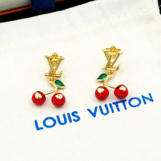 Louis Vuitton Cherry Red Green Gold-Tone Monogram Enamel Cherries Earrings 11