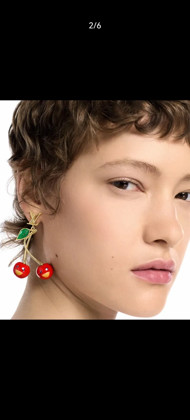 Louis Vuitton Cherry Red Green Gold-Tone Monogram Enamel Cherries Earrings 12