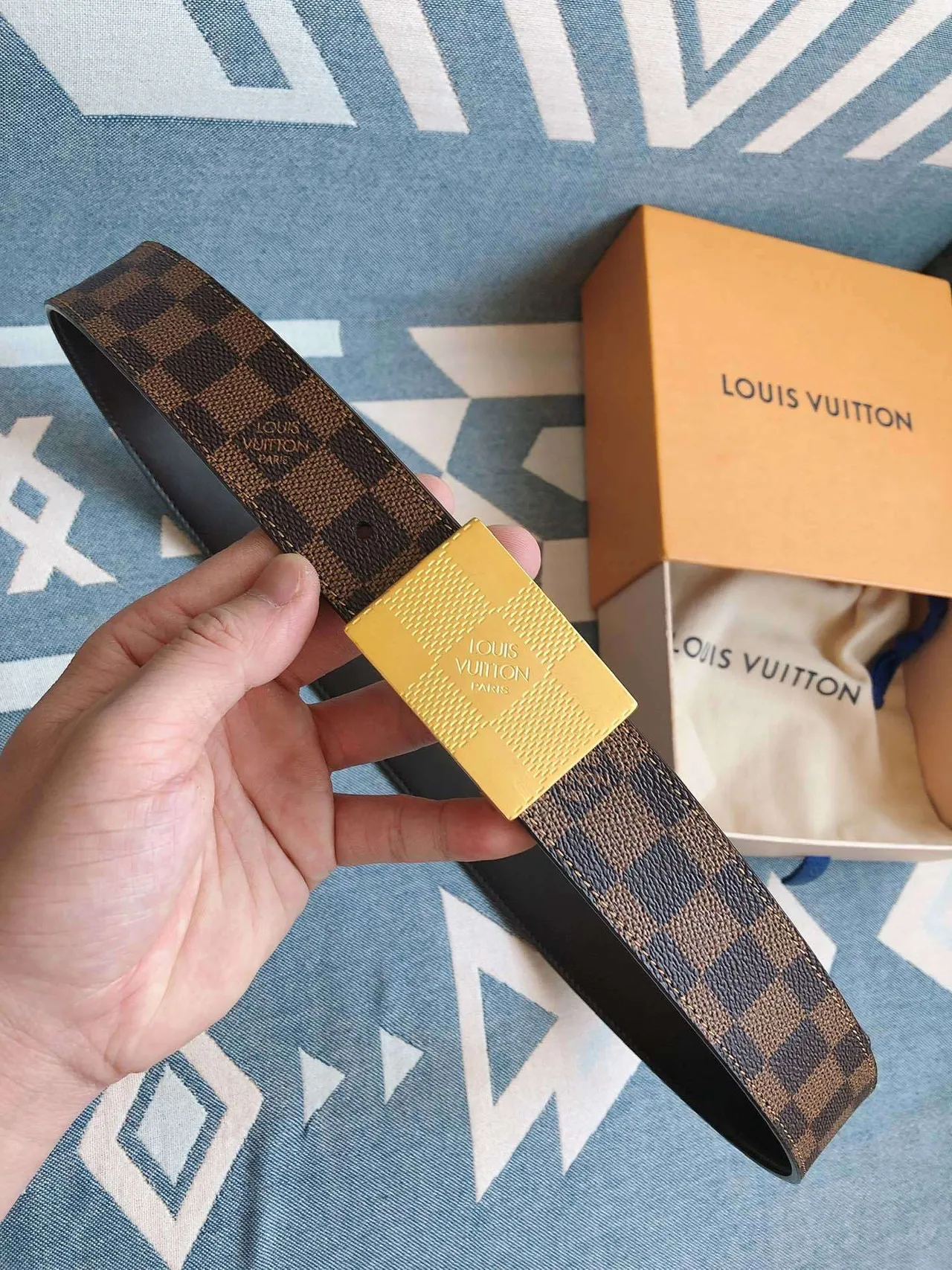 Louis Vuitton Damier Canvas Belt Blue Beige Gold Leather Belt 2