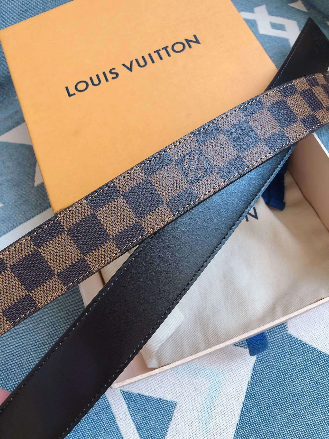 Louis Vuitton Damier Canvas Belt Blue Beige Gold Leather Belt 5