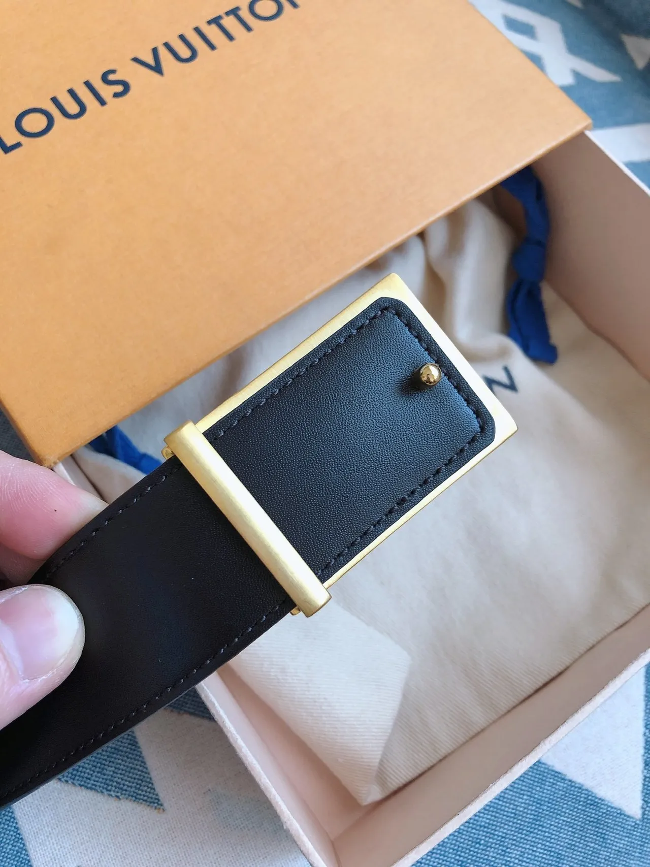 Louis Vuitton Damier Canvas Belt Blue Beige Gold Leather Belt 6