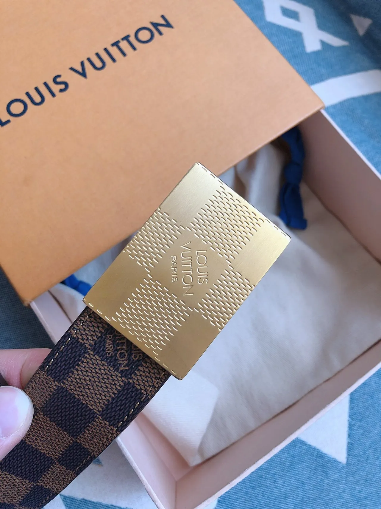 Louis Vuitton Damier Canvas Belt Blue Beige Gold Leather Belt 7