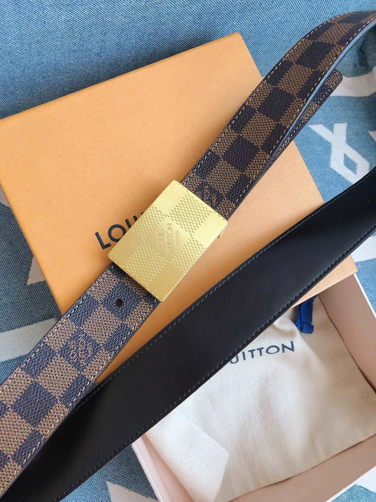Louis Vuitton Damier Canvas Belt Blue Beige Gold Leather Belt 8
