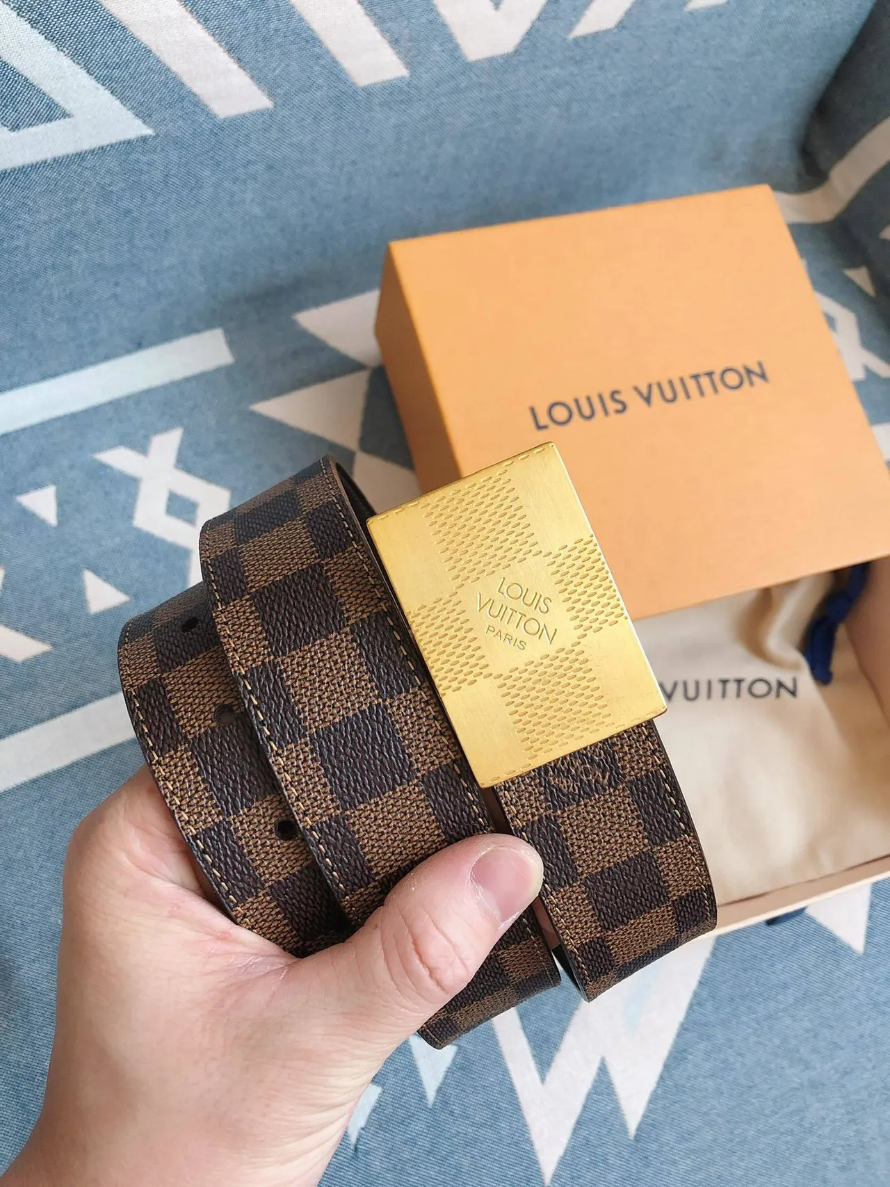 Louis Vuitton Damier Canvas Belt Blue Beige Gold Leather Belt 9