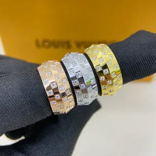 Louis Vuitton Damier-Inspired Pavé Grid Ring Gold Silver Wide Band Square Stones Ring