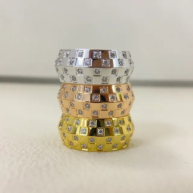 Louis Vuitton Damier-Inspired Pavé Grid Ring Gold Silver Wide Band Square Stones Ring 2