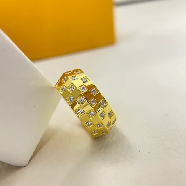 Louis Vuitton Damier-Inspired Pavé Grid Ring Gold Silver Wide Band Square Stones Ring 4