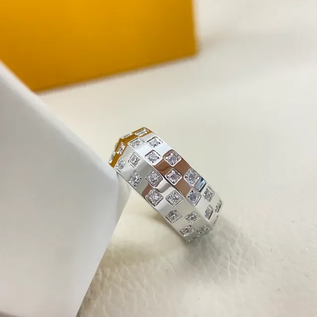 Louis Vuitton Damier-Inspired Pavé Grid Ring Gold Silver Wide Band Square Stones Ring 5