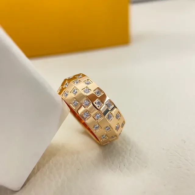 Louis Vuitton Damier-Inspired Pavé Grid Ring Gold Silver Wide Band Square Stones Ring 6