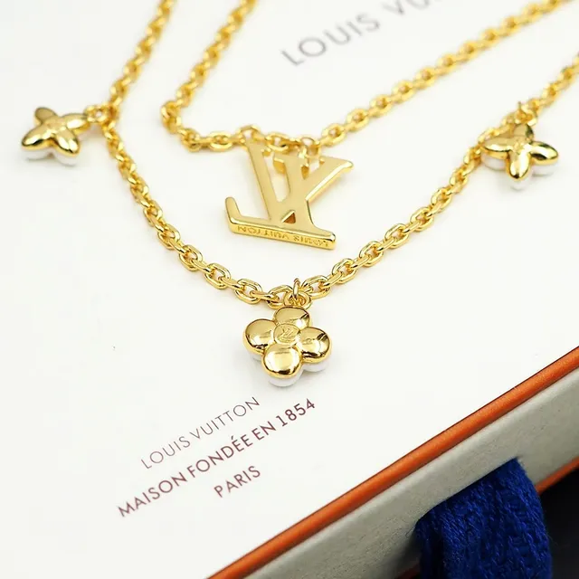 Louis Vuitton Floral Pendant Necklace Gold White Double-Layer Chain LV Monogram Necklace 3