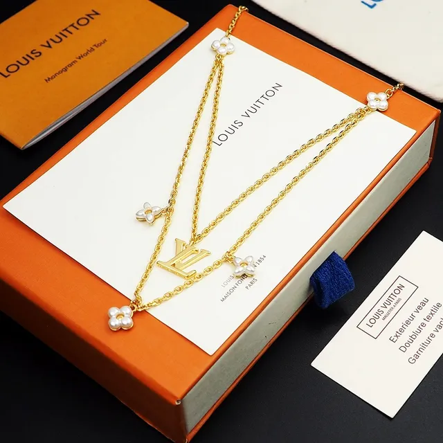 Louis Vuitton Floral Pendant Necklace Gold White Double-Layer Chain LV Monogram Necklace 4