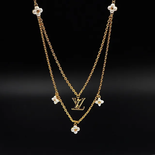 Louis Vuitton Floral Pendant Necklace Gold White Double-Layer Chain LV Monogram Necklace 5