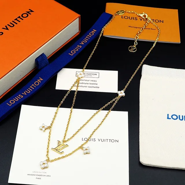 Louis Vuitton Floral Pendant Necklace Gold White Double-Layer Chain LV Monogram Necklace 7