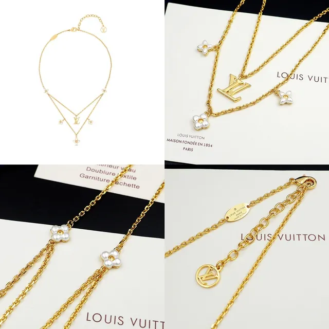 Louis Vuitton Floral Pendant Necklace Gold White Double-Layer Chain LV Monogram Necklace 8