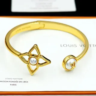 Louis Vuitton Flower Motif Pearl Gold-Tone Open Bangle Bracelet
