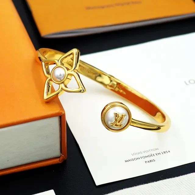 Louis Vuitton Flower Motif Pearl Gold-Tone Open Bangle Bracelet 2