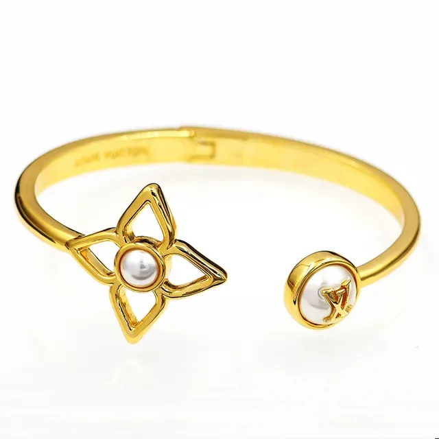 Louis Vuitton Flower Motif Pearl Gold-Tone Open Bangle Bracelet 4