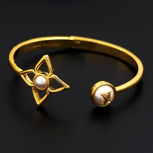 Louis Vuitton Flower Motif Pearl Gold-Tone Open Bangle Bracelet 6
