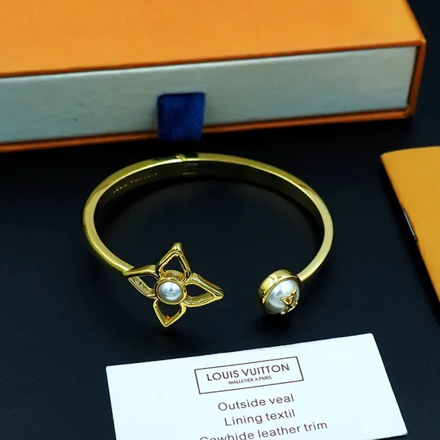 Louis Vuitton Flower Motif Pearl Gold-Tone Open Bangle Bracelet 7