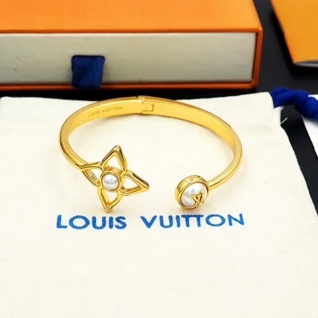 Louis Vuitton Flower Motif Pearl Gold-Tone Open Bangle Bracelet 8