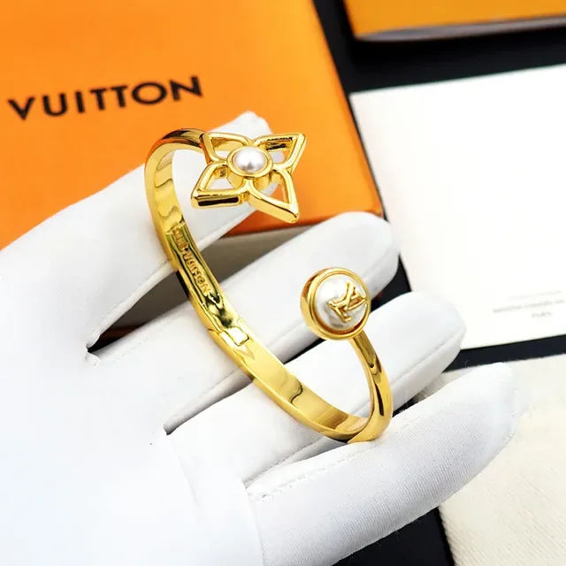 Louis Vuitton Flower Motif Pearl Gold-Tone Open Bangle Bracelet 9