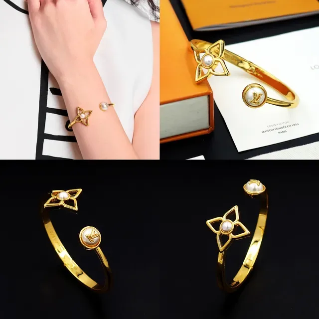 Louis Vuitton Flower Motif Pearl Gold-Tone Open Bangle Bracelet 10