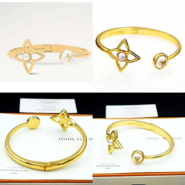 Louis Vuitton Flower Motif Pearl Gold-Tone Open Bangle Bracelet 12