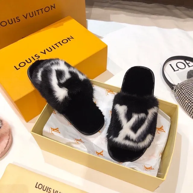 Louis Vuitton Fur Slides Black and White Monogram Slippers 2