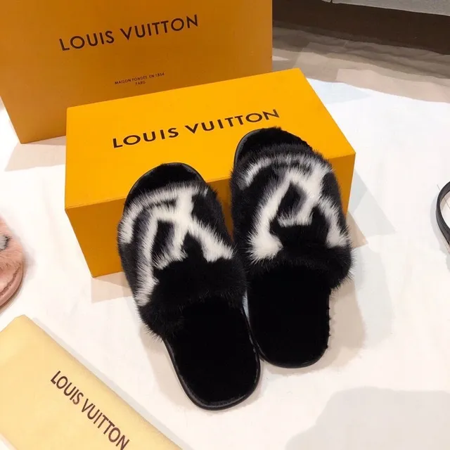 Louis Vuitton Fur Slides Black and White Monogram Slippers 3