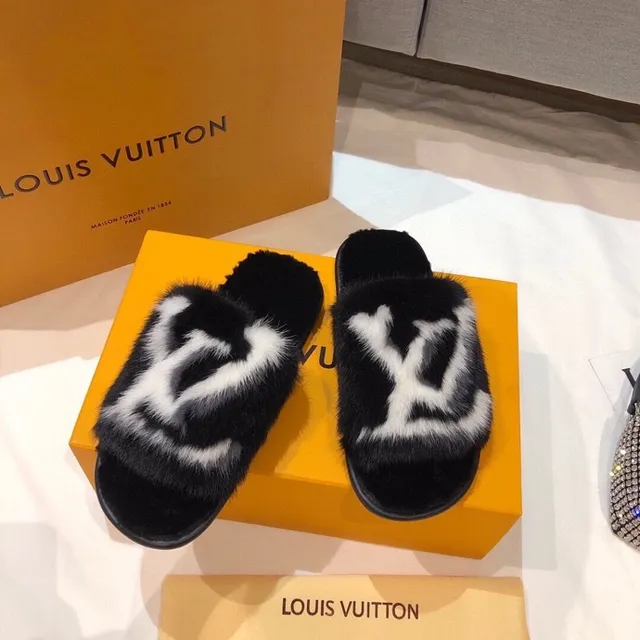 Louis Vuitton Fur Slides Black and White Monogram Slippers 4