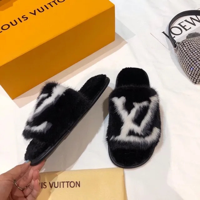 Louis Vuitton Fur Slides Black and White Monogram Slippers 5