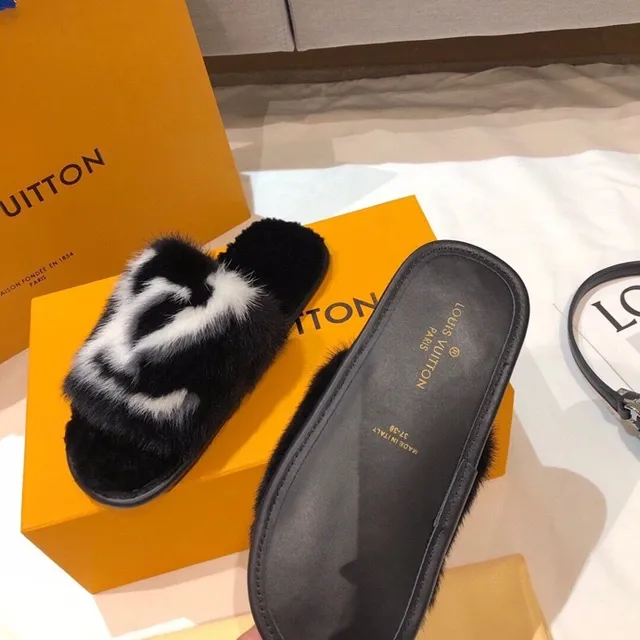 Louis Vuitton Fur Slides Black and White Monogram Slippers 7