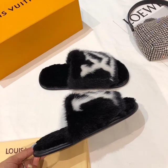 Louis Vuitton Fur Slides Black and White Monogram Slippers 8