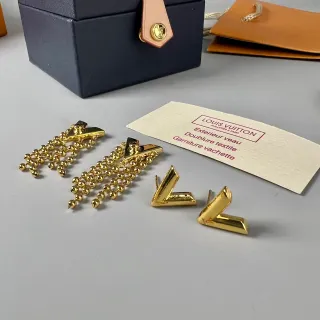 Louis Vuitton Geometric L-Shape and Beaded Fringe Gold-Tone Earrings