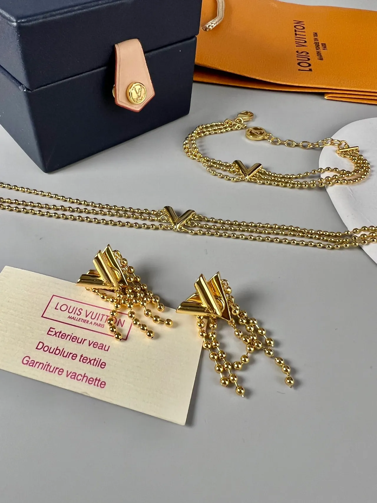 Louis Vuitton Geometric L-Shape and Beaded Fringe Gold-Tone Earrings 2