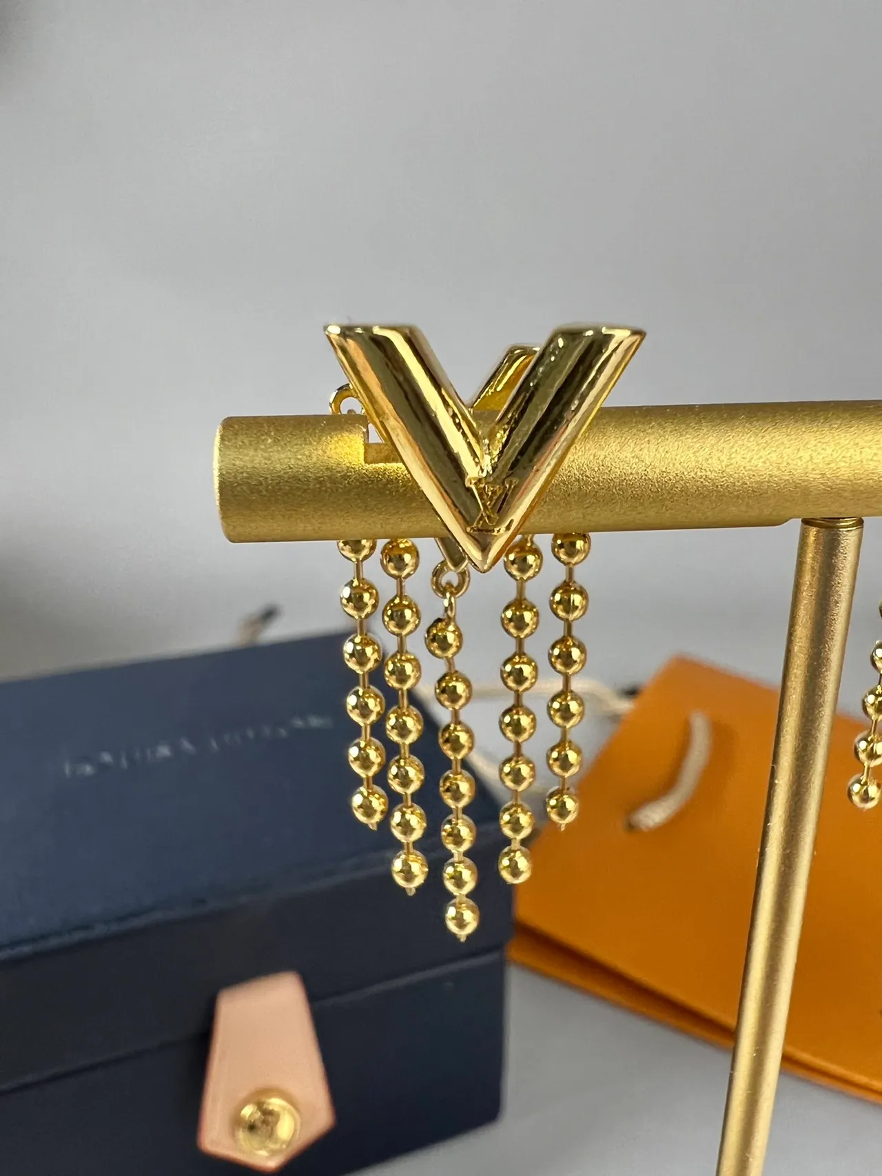 Louis Vuitton Geometric L-Shape and Beaded Fringe Gold-Tone Earrings 3