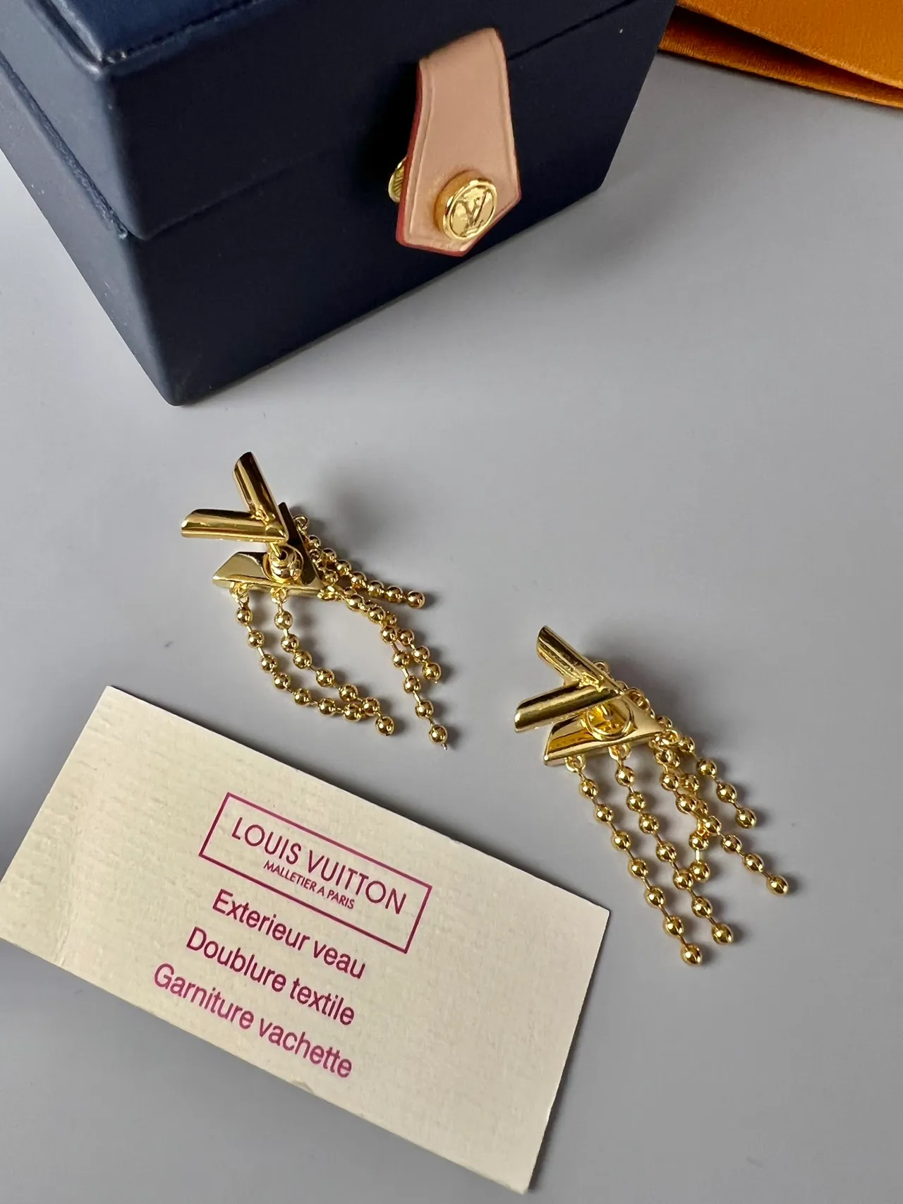 Louis Vuitton Geometric L-Shape and Beaded Fringe Gold-Tone Earrings 4