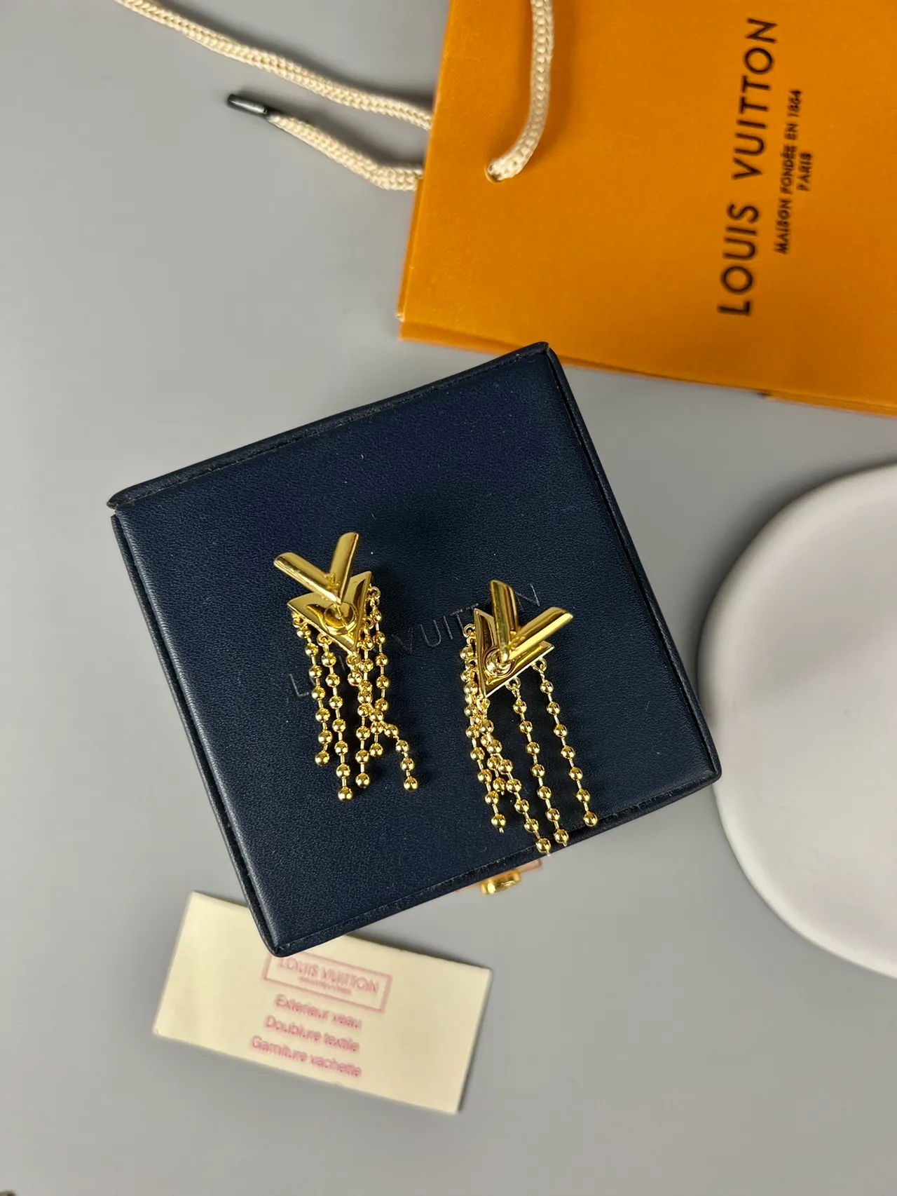 Louis Vuitton Geometric L-Shape and Beaded Fringe Gold-Tone Earrings 5