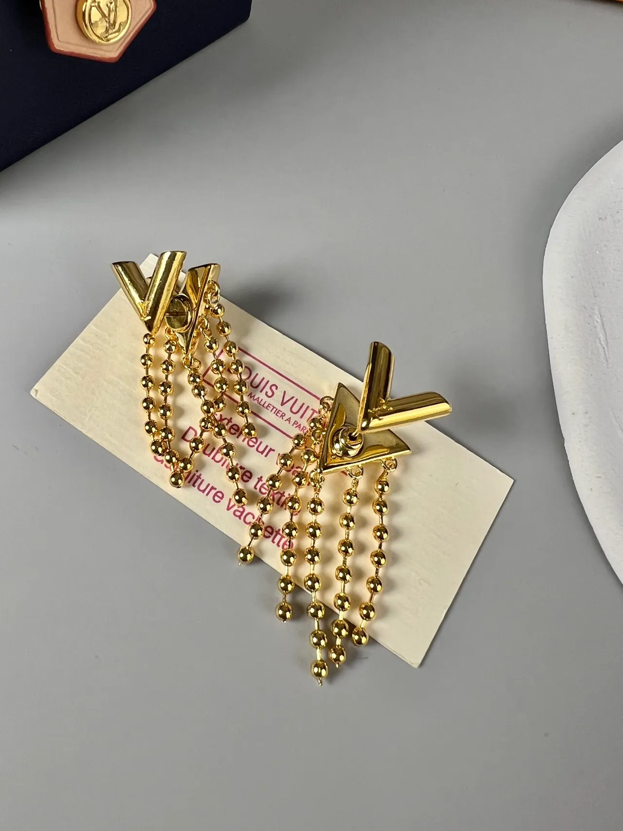 Louis Vuitton Geometric L-Shape and Beaded Fringe Gold-Tone Earrings 6
