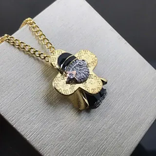 Louis Vuitton Gold Black Monogram-Engraved Clover-Shaped Necklace