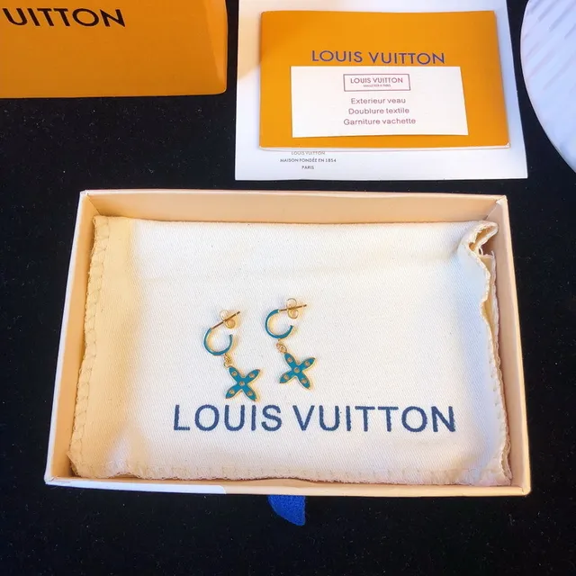 Louis Vuitton Gold Blue Metal Turquoise Enamel Earrings 2