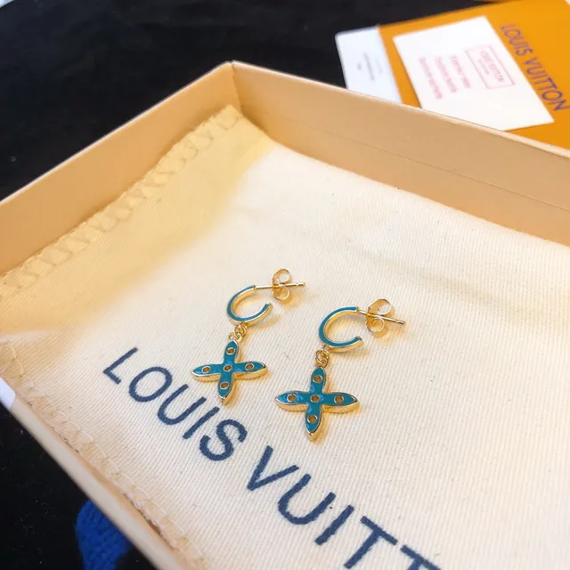Louis Vuitton Gold Blue Metal Turquoise Enamel Earrings 4