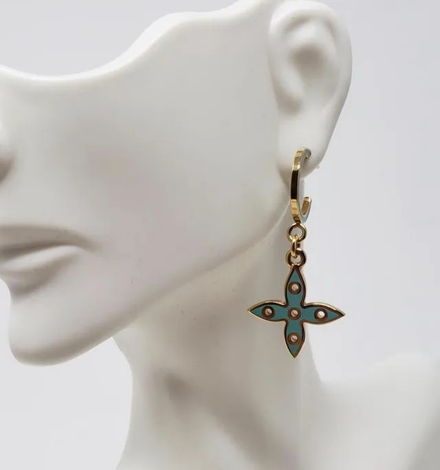 Louis Vuitton Gold Blue Metal Turquoise Enamel Earrings 5